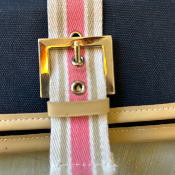 Adorable Navy Vachetta Trim Buckle Wallet Clutch With Pink White Striped Design - Picture 9 of 11